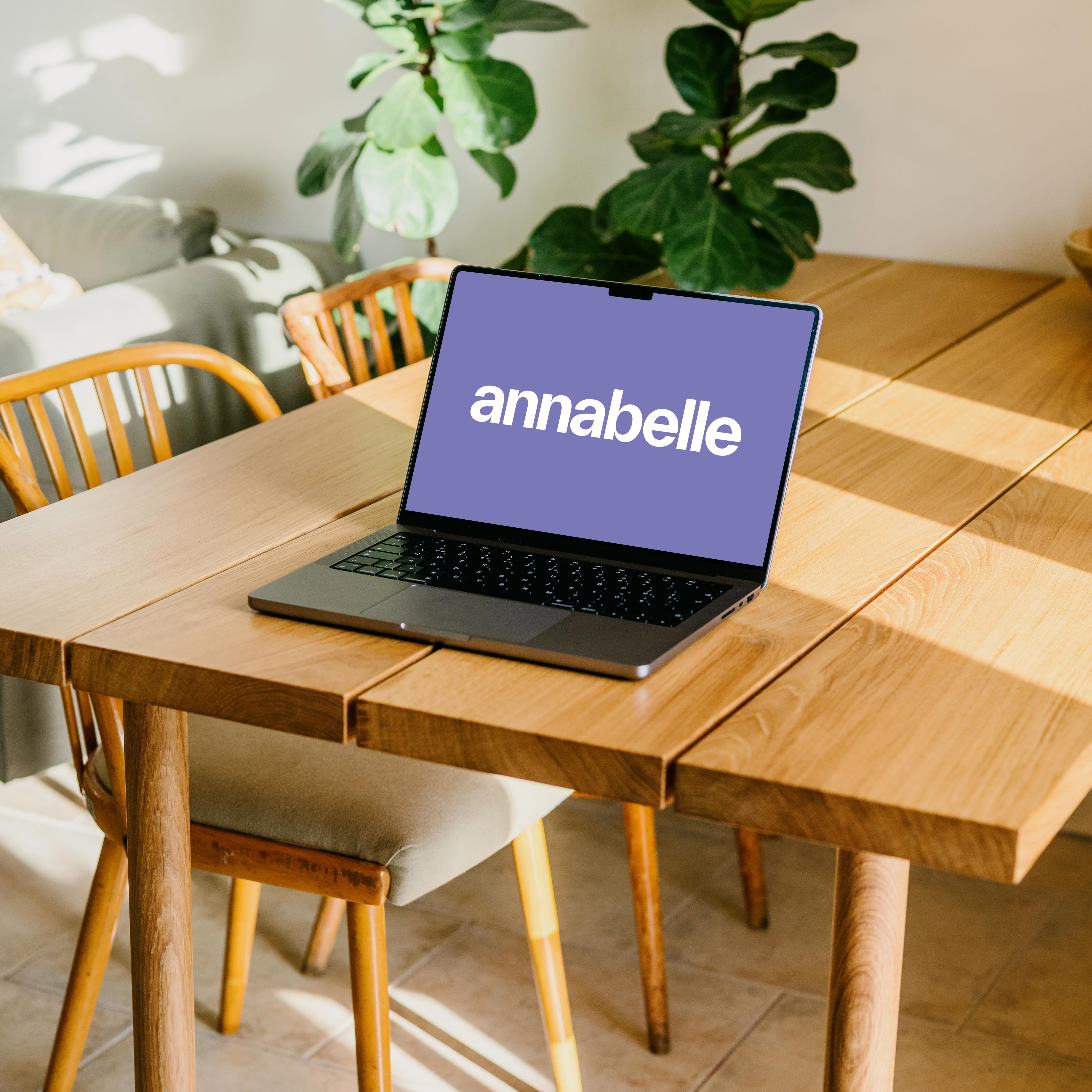 Holztisch mit aufgeschlagenem Laptop mit annabelle Logo
